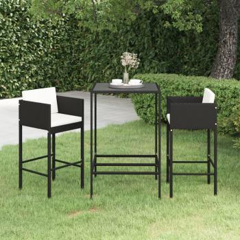 3-Piece Black Poly Rattan Garden Bar Set with Cushions
