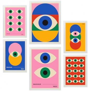 Set de 6 Pósters Geométricos Bauhaus con Colores Vibrantes y Ojos para Decorar Paredes del Hogar, Tamaños A3 y A4, Sin Marco