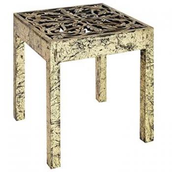 Mesa Auxiliar Cuadrada de Madera de Mango Oro y Negro con Diseño Tallado 40 x 40 cm Estilo Oriental