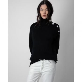 Zadig & Voltaire Women's Long Sleeve Black Cashmere Turtleneck Sweater with Buttons