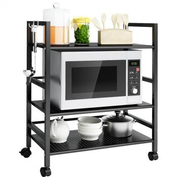 LANGRIA Carrito Auxiliar de 3 Baldas Metálicas con Ruedas y Pies Intercambiables 2 Ganchos Laterales para Colgar Trapos 30 kg Capacidad Máxima para Organizar Cocina Baño Salón
