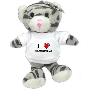 Gato gris de peluche (llavero) con Amo Tranquilla en la camiseta (nombre de pila/apellido/apodo)