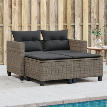 Sofá de jardín 2 plazas con taburetes grises en Polyrattan con toldo y ratán pe gris
