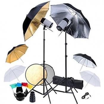 Kit de estudio: 2 Cabezas del flash, 6 Paraguas & Reflector