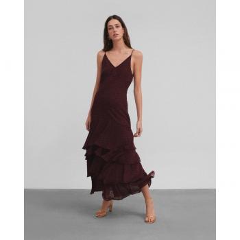 Vestido largo de volantes plumetti burdeos para mujer