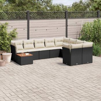 10-Piece Black Poly Rattan Garden Sofa Set with Cushions