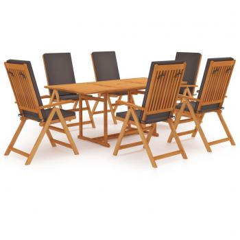 Set de comedor para jardín 7 piezas teca maciza y cojines gris