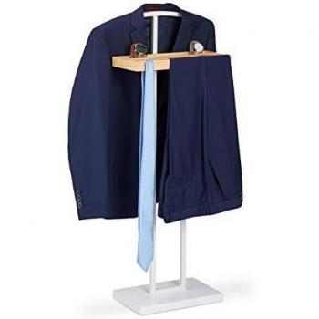 Galán de Noche Blanco con Repisa de Madera, Perchero Pie Organizador DM-Metal, 102x46x24 cm