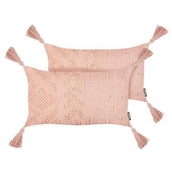 Conjunto de 2 cojines decorativos rectangulares con borlas 30 x 50 cm color rosa melocotón Valvaria