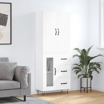 Aparador alto de madera contrachapada blanco 69,5x34x180 cm con 1 puerta de cristal y 3 cajones, mueble de almacenaje para salón, buffet y armario auxiliar
