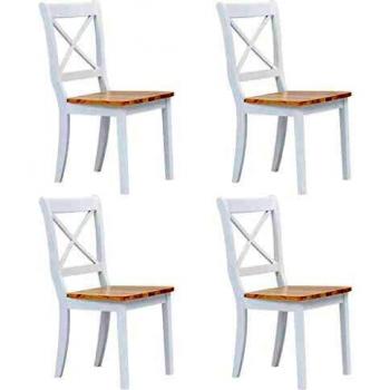 Set of 4 Dining Chairs - White and Light Solid Rubber Wood