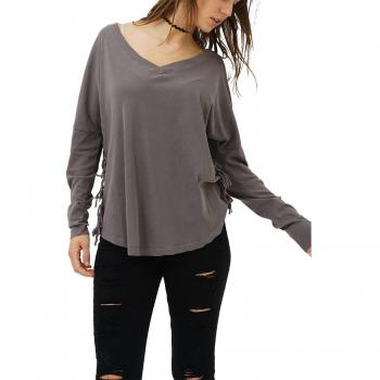 trueprodigy Casual Mujer Marca Camiseta Manga Larga Basico Ropa Retro Vintage Rock Vestir Moda Cuello V Slim Fit Designer Fashion Shirt, Colores:Anthracite, Tamaño:M