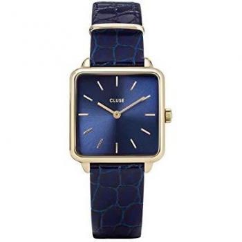 Reloj Cluse La Tétragone Cuadrado Azul y Dorado con Correa de Cuero