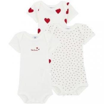 Petit Bateau Organic Cotton Pack of 3 Short Sleeve Baby Bodysuits with Red Hearts, Size 6M
