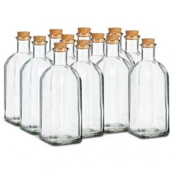 Pack 12 Botellas de Cristal Frasca con Tapon de Corcho - Transparente - 500 ml