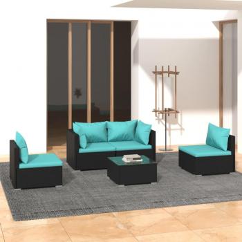 5-Piece Black Poly Rattan Garden Lounge Set with Cushions