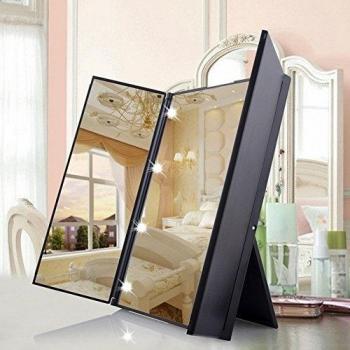 LED Plegable Espejo Cosmético / Espejo de Afeitar / con 8 LEDs Espejo de viajes 3 página/ Portatil Foldable Espejo Cosmético para Maquillaje / Espejo de Maquillaje de Bolso con Luces