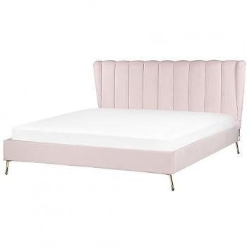 Cama Super King Size 180x200 cm de Terciopelo Rosa con Cabecero y Puerto USB, Estructura de Metal Dorado