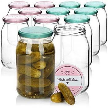 COM-FOUR® 12x Tarros de masón con tapón de roscaMade with love en verde y rosa - hasta Ø 82 mm - hasta aprox. 948 ml