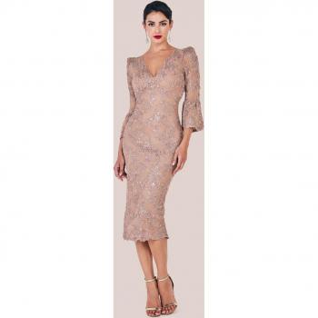 Champagne Sequin Scalloped Lace Midi Dress