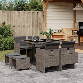 9-Piece Grey Poly Rattan Garden Dining Set with Cushions