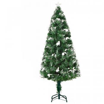 HOMCOM Árbol de Navidad Artificial 150 cm con Luces LED y Fibra Óptica, 170 Ramas Ignífugas, 120 Cuentas Blancas, 8 Modos de Iluminación,