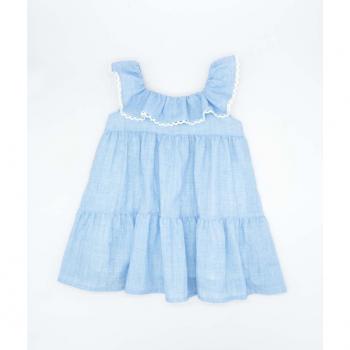 Vestido de niña de algodón en color azul con volantes y escote cuadrado