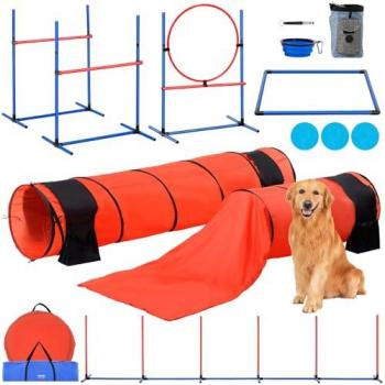 VEVOR 7-Piece Dog Agility Training Equipment Set with Adjustable Hurdles, Weave Poles, Tunnels, Jump Ring, Pause Box, Frisbees & Whistle