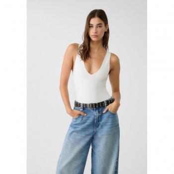 Ecru XL V-neck Polyamide Bodysuit