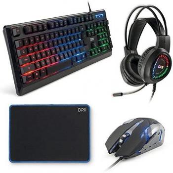DR1TECH Predator Gaming Bundle Set De Gaming 4 En 1 Teclado Retroiluminado 104 Teclas Ratón 6 Teclas Programables Auriculares LED Hilo Audio Estéreo Inmersión Total Mouse Pad 25x35cm, Black