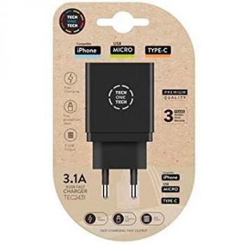 Cargador tech one tech 3.1 pared triple para iphone/micro usb/type-c color negro