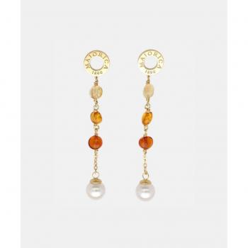 Pendientes largos Algaida dorados con perla y cristales de Murano en ámbar Majorica 16691.01.1.000.010.1