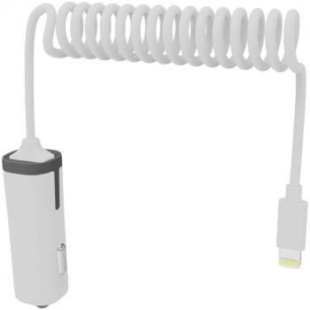 Muvit Cargador de Coche con Conector Lightning MFI 2.4A Cable Rizado 1.8m Blanco