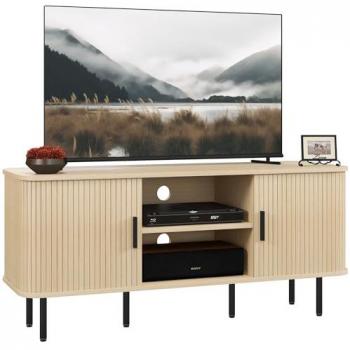 HOMCOM Mueble de TV Vintage con 2 puertas correderas de tambor, 2 estantes abiertos, para televisores de hasta 55 pulgadas, dimensiones 120x40x55 cm, color roble
