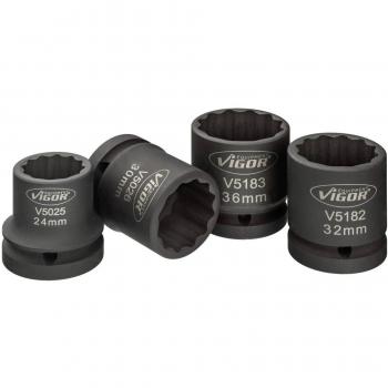 Juego de llaves de vaso de impacto VIGOR V5024 - Cuadrado hueco 3/4 pulgadas (20 mm) - Perfil hexagonal doble exterior - Tamaños: 24, 30, 32, 36