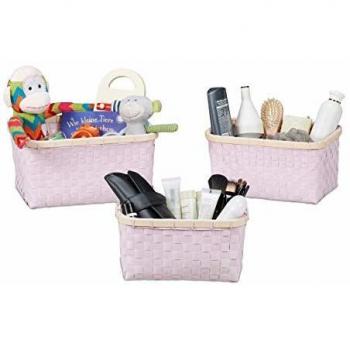 Set de 3 cestas de almacenaje apilables trenzadas en PP y bambú, color rosa