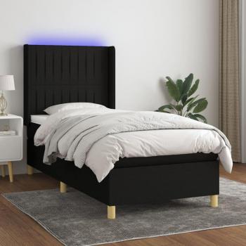 Cama box spring con colchón y luces LED, color negro, 90x190 cm, tela