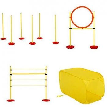 Pawhut Conjunto 4 Obstáculos de Entrenamiento para Perro Set de Agilidad para Mascotas Estable Altura Ajustable de Aro con Túnel Postes y Bolsa Transporte Amarillo