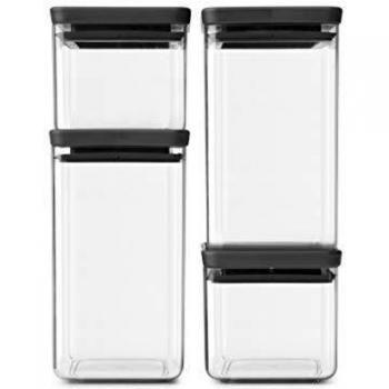 Brabantia Tasty+ Jarra Plaza Plástico Negro y Transparente, Recipiente Tasty+ Square Canister 4 Unidades