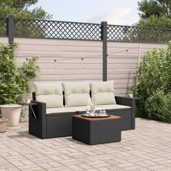 4-Piece Black Poly Rattan Garden Sofa Set with Cushions