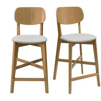 Set de 2 taburetes de cocina LUCIA de madera de roble clara y tejido beige, altura 65 cm