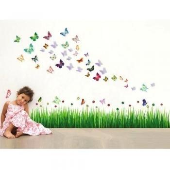 Walplus AY768 Paquete combo de mariquita, hierba, más WS3013, mariposas, más adhesivo mural de mariposas azul claras 3D, multicolor