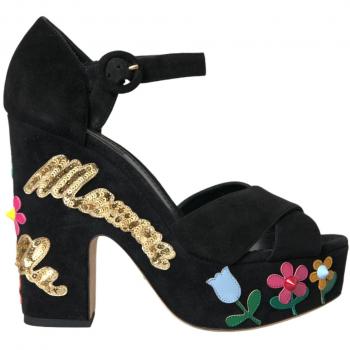 Dolce & Gabbana Black Suede Floral Embroidered High Heel Ankle Strap Platform Sandals - EU39/US8.5
