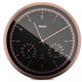 Reloj de Pared Mebus 19778 con Termómetro e Higrómetro Inalámbrico, Sin Ruido, Diámetro 25 cm, Diseño Moderno en Negro y Caja de Cobre