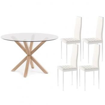Pack Mesa Redonda de Cristal Templado + 4 Sillas de Polipiel y Metal Blanco 120x75 cm
