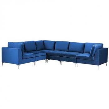 Sofá Esquinero Modular 6 Plazas Lateral Derecho en Terciopelo Azul Marino con Patas de Metal Plateado