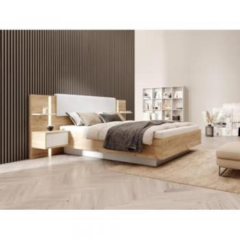 Cama ELYNIA 160 x 200 cm con mesitas de noche, LEDs, color natural y blanco, incluye somier y colchón