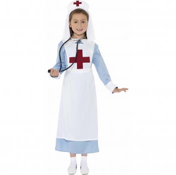 Disfraz de Enfermera de la Primera Guerra Mundial para Niñas - Vestido Azul, Delantal y Gorro Incluido