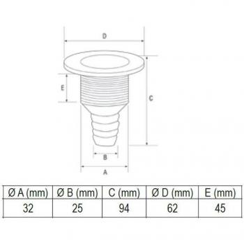 Passe-coque avec collerette flush Ø32mm, L.45mm, pour tuyau de Ø25mm, blanc