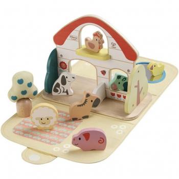 Granja de madera con animales Hape: Maletín educativo con escenario y piezas de juego